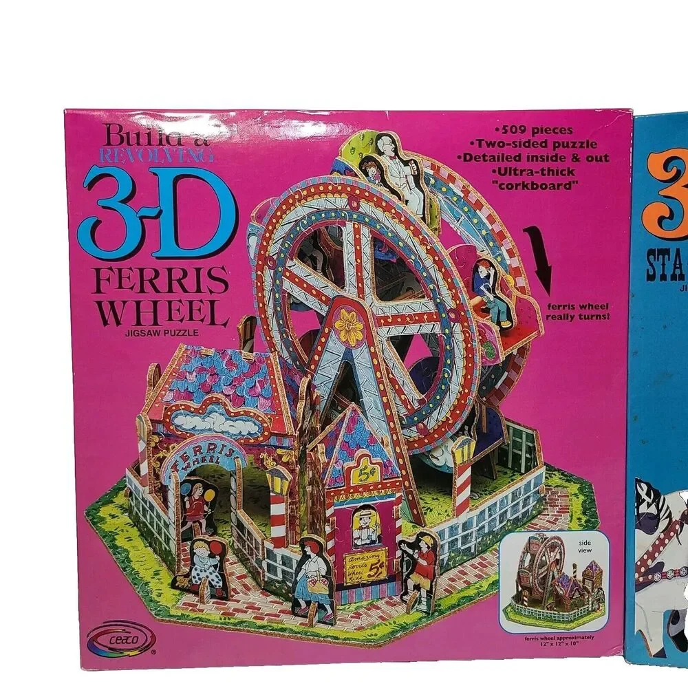 2 Ceaco 3-D Puzzles Stagecoach & Ferris Wheel Jigsaw Puzzles Vintage 1994-95